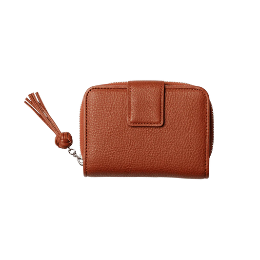 Grain Leather Tassel Zip Around Bifold Coin Purse Wallet